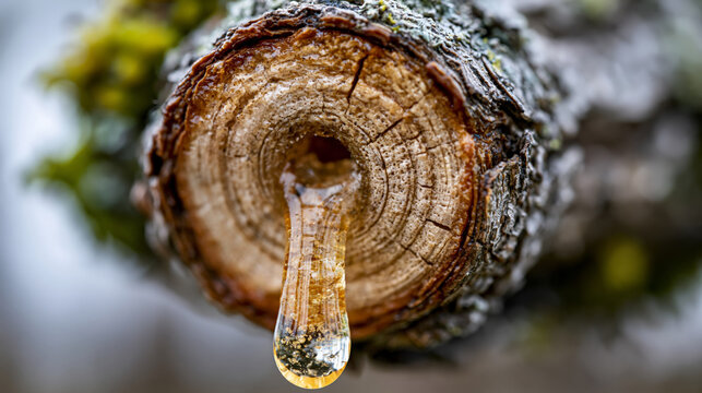 Macro shot of a fresh cut on a grapevine with a thick drop of sap flowing from the center. Detailed woody texture of vine branch, spring vineyard pruning close up