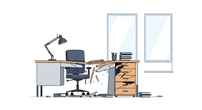 Broken office desk and chair in a damaged workspace, symbolizing stress or breakdown.