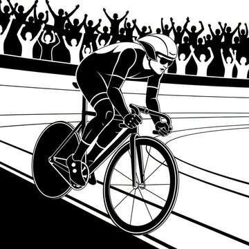 Cyclist racing on velodrome with cheering crowd in background