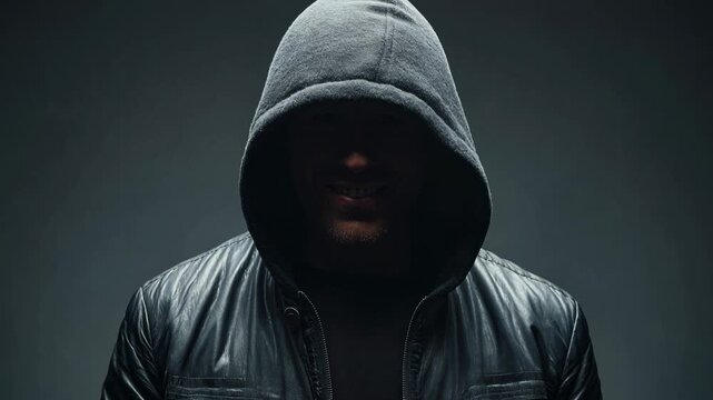 Mysterious hooded figure with a sinister smile in dramatic lighting