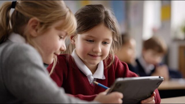 Two happy female students in uniform using a tablet computer for a fun e-learning lesson in class