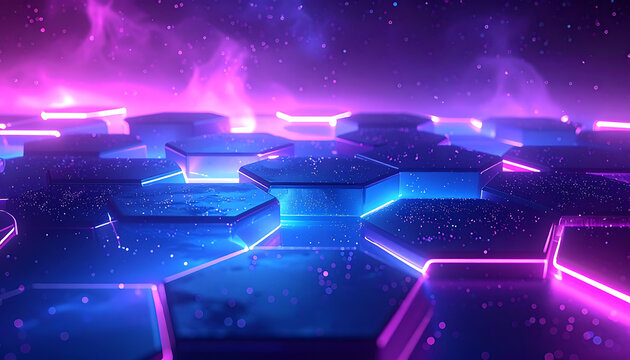 Abstract glowing hexagonal grid landscape in neon blue and purple, digital futuristic cyberspace or data network background