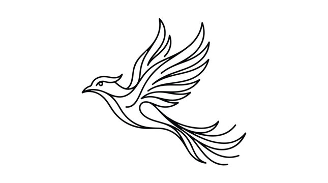 Minimalist phoenix line art vector, flying mythical bird logo icon, elegant black and white firebird illustration for branding and tattoo design