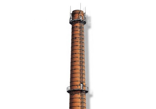 Old brick industrial chimney isolated on white background