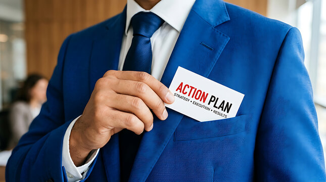 Man in blue suit tucking white business card with a c t i o n p l a n text into pocket jacket