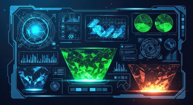 Futuristic digital HUD interface with data charts and holograms