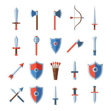 Medieval weapons and shields icons set.