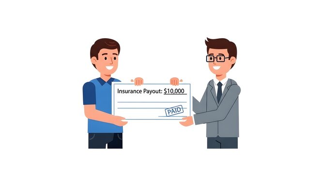 Two businessmen exchanging a large insurance payout check