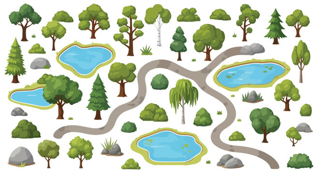 Cartoon nature landscape elements set, green trees and bushes with blue ponds and winding paths, park map creator vector icons for game design