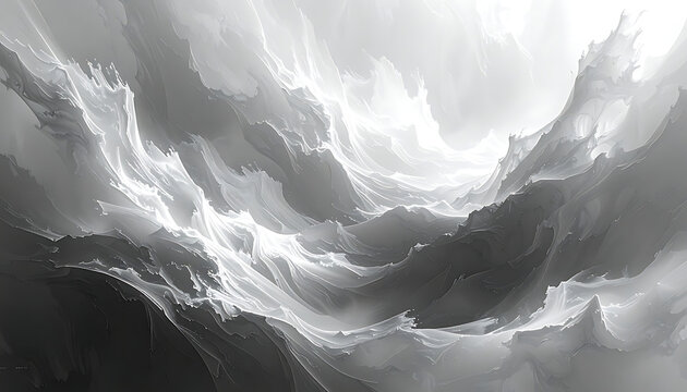 abstract monochrome fractal terrain with glowing particle effects, digital visualization of complex structures, intricate digital art