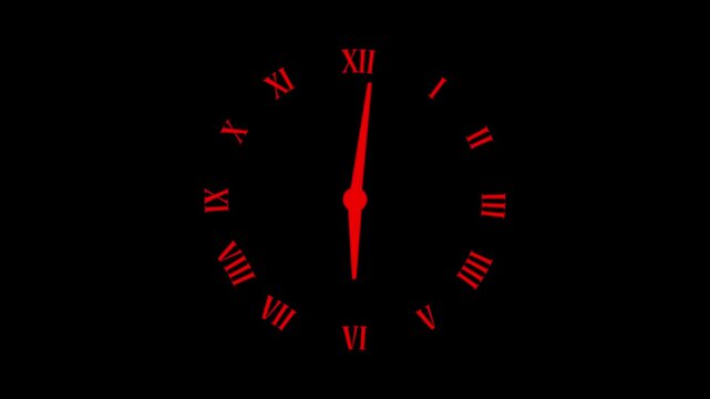 Clock spinning, watch animation on black background. Clock icon flat style 24 hours day fast speed with moving timer clock rotation 4k video