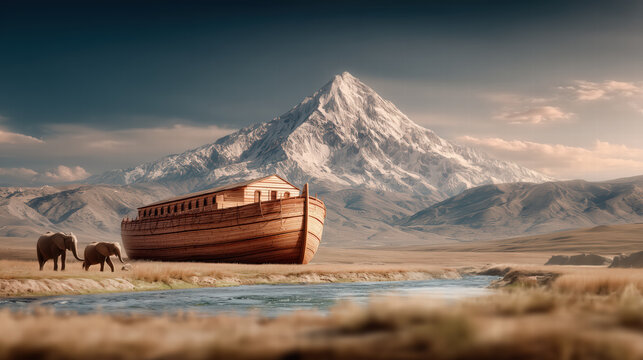 Noah's Ark resting at the foot of Mount Ararat after the biblical flood in dramatic landscape