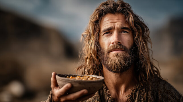 Esau holding the bowl of lentil stew prepared by Jacob, biblical scene of selling birthright