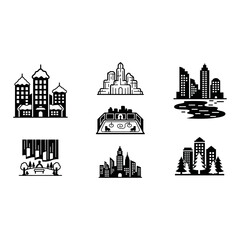 Obraz premium Modern Cityscape Icons Set, Urban Skyline Silhouettes, Business District Buildings, Vector Graphics Collection