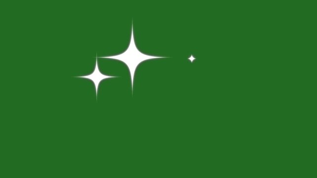 Shimmering twinkle stars animation with sparkling flare glows, cute white cartoon star flashes, flat vector doodle sparkle, glowing light trails, fairy twinkle stars on green screen, 4k video