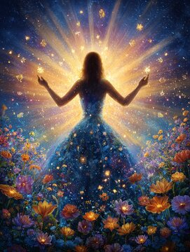 Serene floral portrait of a woman in a garden digital art dreamy environment soft lighting
