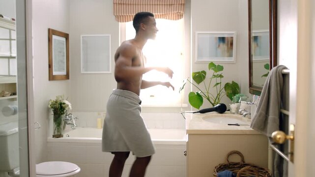 Bathroom, black man and flex with mirror for fitness, strength and point for self motivation. Back, muscle or person at home with pride for power, exercise progress and morning routine with growth