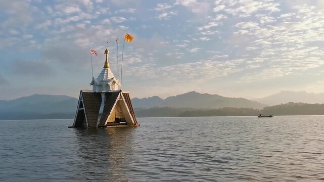 The famous Sunken Temple of Wat Sam Prasop in the lake at sunrise, Sangkhlaburi, Thailand.