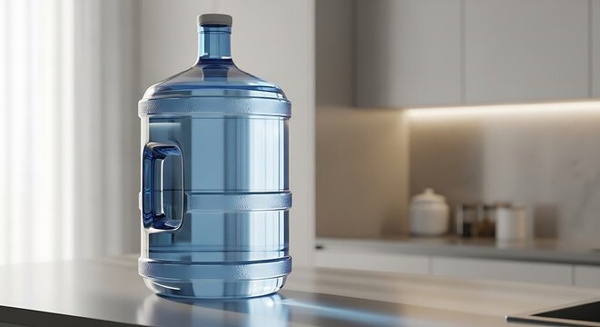 Large blue water cooler bottle on kitchen counter. 5 gallon jug