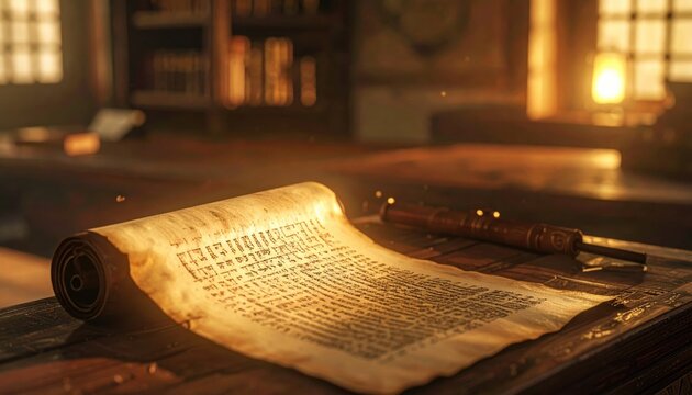Unrolled ancient Hebrew scroll with intricate calligraphy on aged parchment resting on a wooden surface