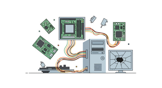 Illustration of disassembled computer components, including a motherboard, CPU, circuit boards, and a broken monitor, connected by wires.