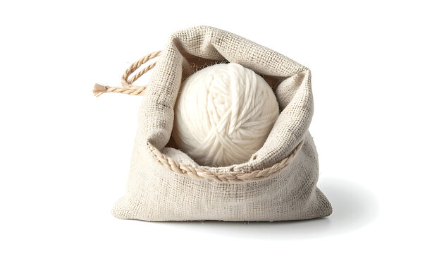 A ball of white yarn spills out of an open rustic burlap drawstring bag, isolated on white