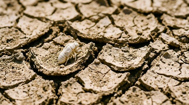White cicada exuvia resting on dry cracked earth, a close-up macro photograph capturing the texture and environmental conditions.