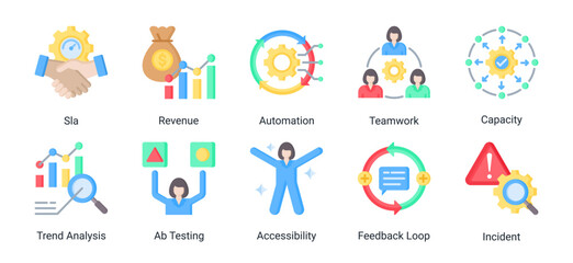 Fototapeta premium Performance Control icon set featuring automation,trend analysis,feedback loop,and incident management vector concepts for business operations.