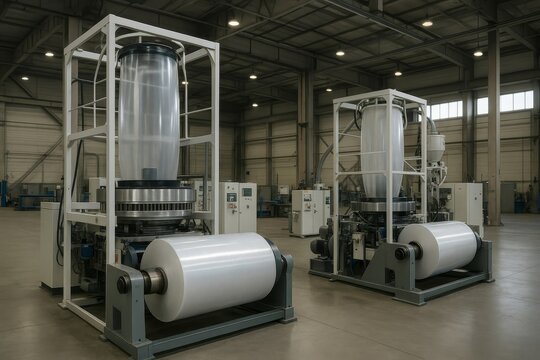 Blown film extrusion machines produce plastic film in a modern factory setting. Large rolls of film are ready for industrial use and packaging.