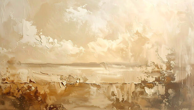 Abstract landscape painting with sandy beach, distant landmass, and cloudy sky in earthy tones, artistic texture, abstract impressionism
