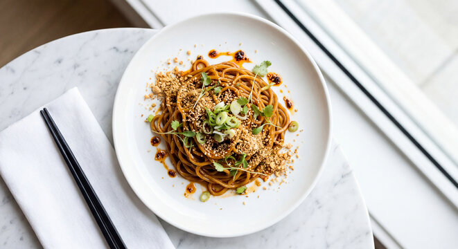 Asian Sesame Peanut Noodles Topped with Scallions, Sesame Seeds and Chili Oil, Overhead View