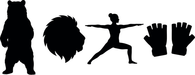 Silhouette collection featuring standing bear, lion head profile, yoga warrior pose, and fingerless gloves, symbolizing strength, balance, focus, and protection themes © ROUNOK