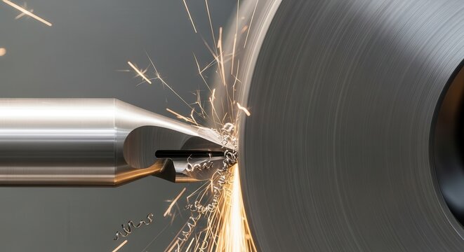 Close up of a metal cutting tool with sparks flying during industrial machining process.
