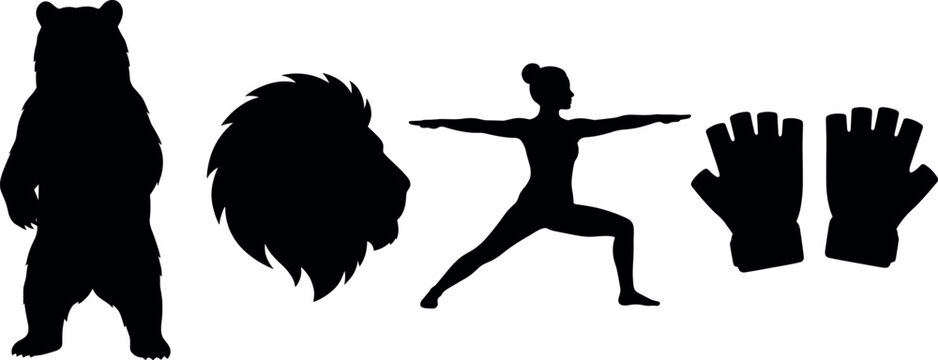 Silhouette collection featuring standing bear, lion head profile, yoga warrior pose, and fingerless gloves, symbolizing strength, balance, focus, and protection themes