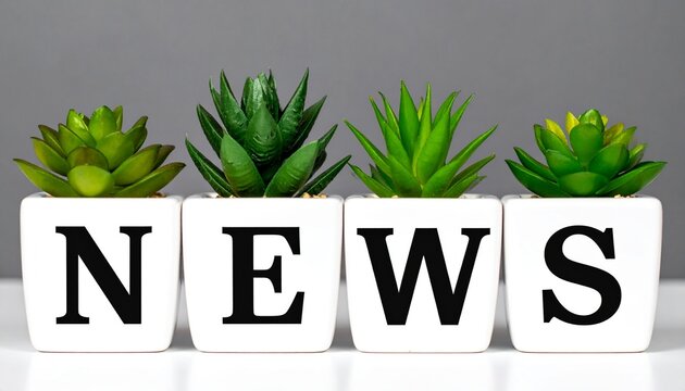 Succulent pots spelling NEWS, typography with nature, colorful background