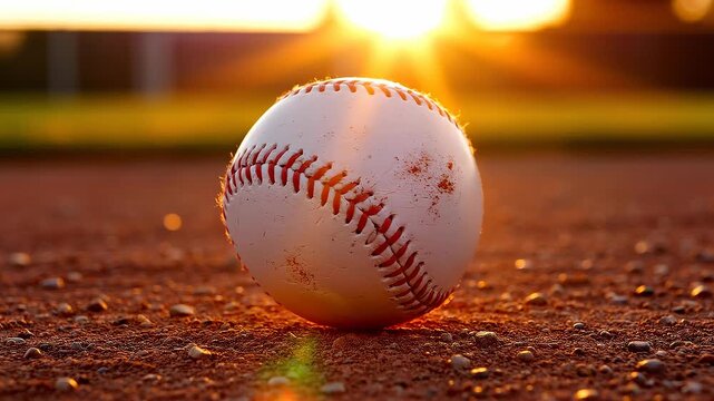 Sunset background with softball on field concept. Close up of a baseball on dirt field with sunset light in background outdoor sports equipment