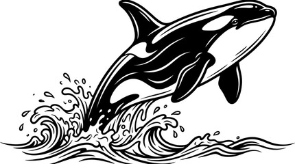 Orca Killer Whale Leaping Out of Ocean Waves, Dynamic Black and White Illustration © Sandal