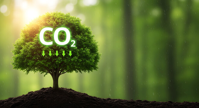 CO2 Reduction Concept with Tree in Green Forest | Carbon Sequestration and Climate Change Mitigation | Environmental Protection and Net Zero Emissions | Sustainable Ecology and Nature Conservation