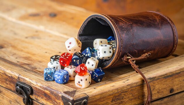 A worn leather dice bag spilling a variety of colorful polyhedral dice onto a rustic wooden surface, perfect for tabletop gaming adventures.