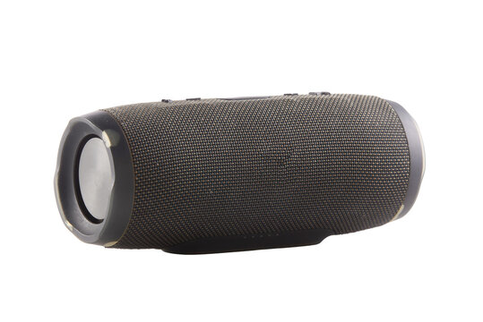 Black portable speaker rests on white surface