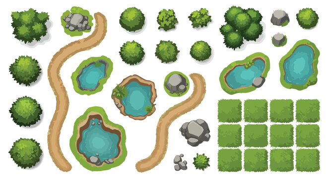 Top-down game map assets, 2D landscape environment elements with green trees, blue ponds, dirt paths and grey rocks, vector nature construction set