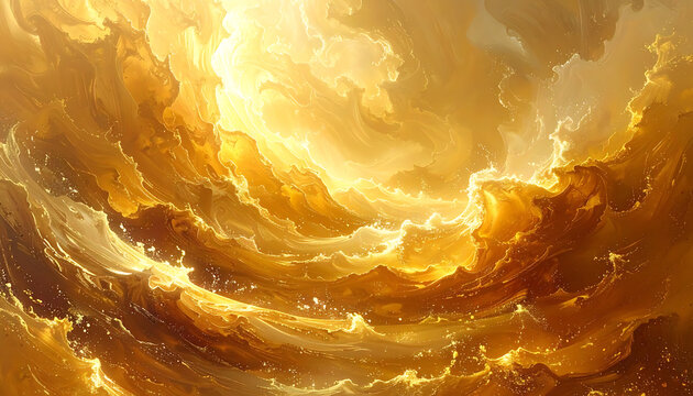 Abstract golden swirling clouds with glowing particles, representing cosmic energy or spiritual awakening, dynamic motion