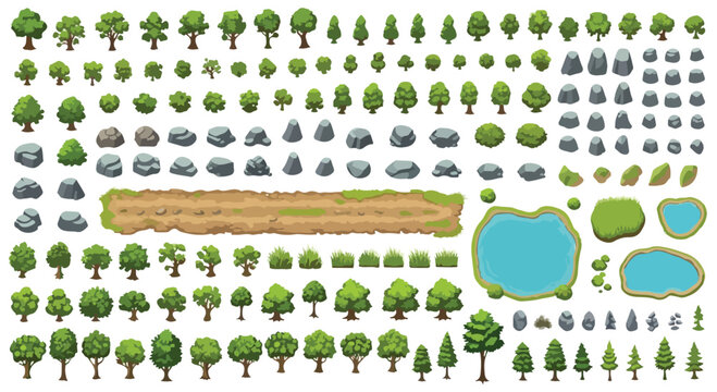 Isometric landscape game assets vector set, cartoon green trees and grey rocks collection, nature environment elements for map design