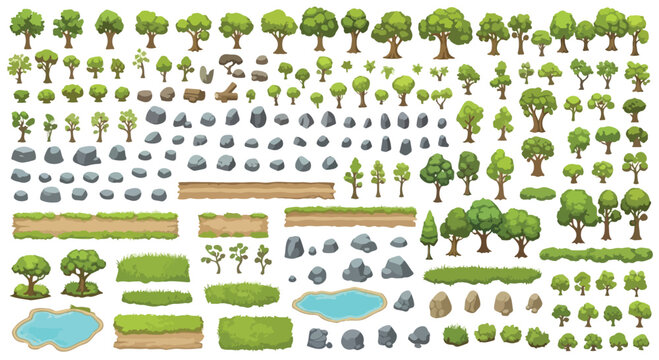 Cartoon nature game assets kit, collection of green trees and rocks vector, landscape environment elements for map design and level building