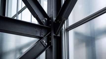 Naklejka premium Minimalist Architectural Details Intersecting Steel Beams And Frosted Glass Panels Geometric Abstract Construction Structure Design