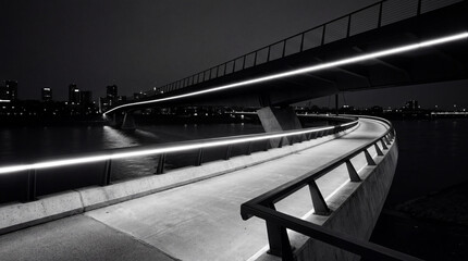 Naklejka premium Single linear LED streetlight stretching over empty modern bridge shot in black and white style