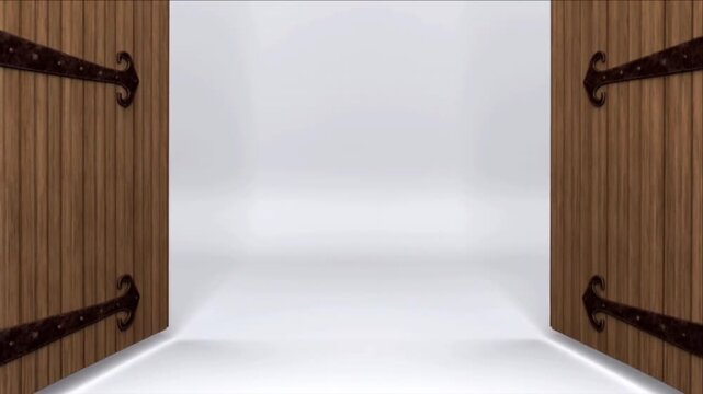 オーク材と鉄でできた牧場の門扉が中央から白い空間へ切り替わるトランジション素材