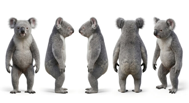 Koala captured in a series of poses demonstrates the distinct physical features and upright stance of this marsupial.