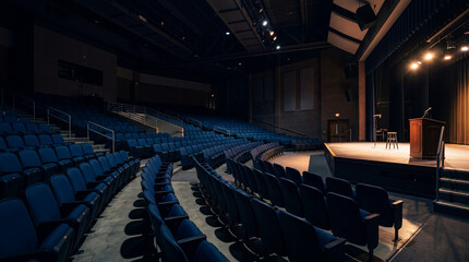 Naklejka premium Late Night University Lecture Room Empty Interior With Stage Light On Casting Long Dramatic Shadows
