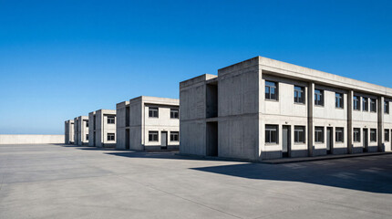 Naklejka premium Minimalist garrison city concrete barracks architecture under clear bright blue sky showing crisp geometric lines